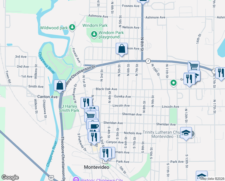 map of restaurants, bars, coffee shops, grocery stores, and more near 513 North 5th Street in Montevideo