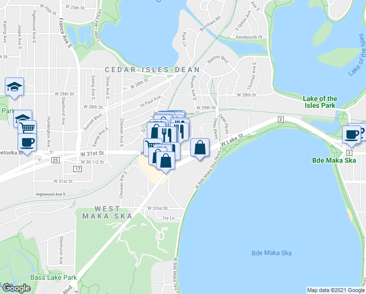 map of restaurants, bars, coffee shops, grocery stores, and more near 3118 West Lake Street in Minneapolis