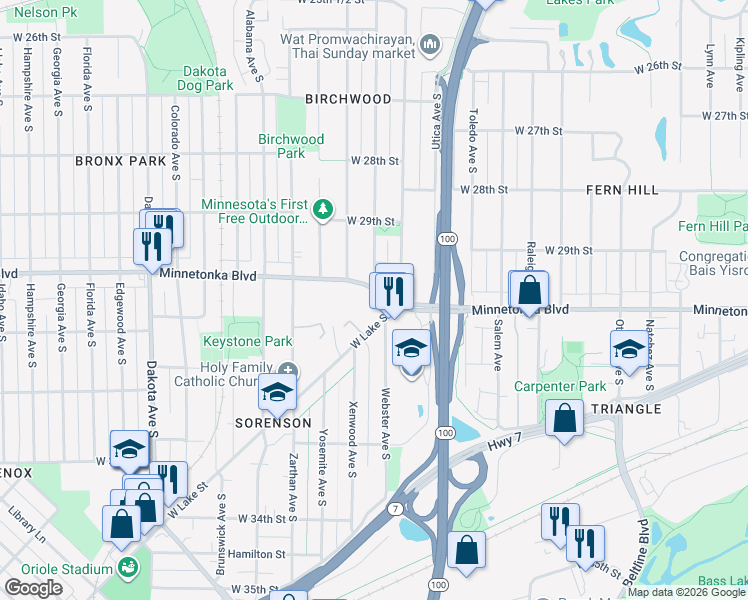 map of restaurants, bars, coffee shops, grocery stores, and more near 5621 Minnetonka Boulevard in Minneapolis