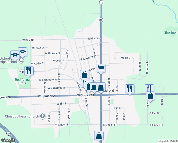 map of restaurants, bars, coffee shops, grocery stores, and more near 300 North 1st Street in Abbotsford