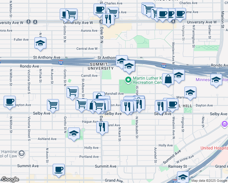 map of restaurants, bars, coffee shops, grocery stores, and more near 573 Marshall Avenue in Saint Paul