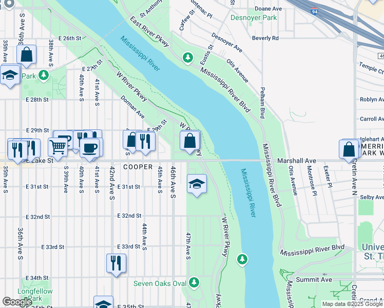 map of restaurants, bars, coffee shops, grocery stores, and more near 2990 West River Parkway in Minneapolis