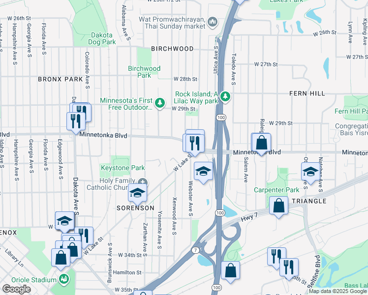 map of restaurants, bars, coffee shops, grocery stores, and more near 5621 Minnetonka Boulevard in St. Louis Park