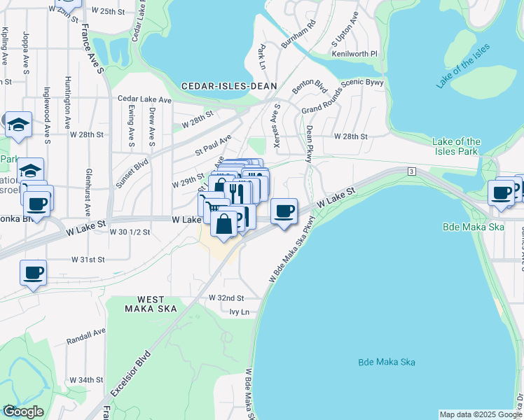 map of restaurants, bars, coffee shops, grocery stores, and more near 3118 West Lake Street in Minneapolis