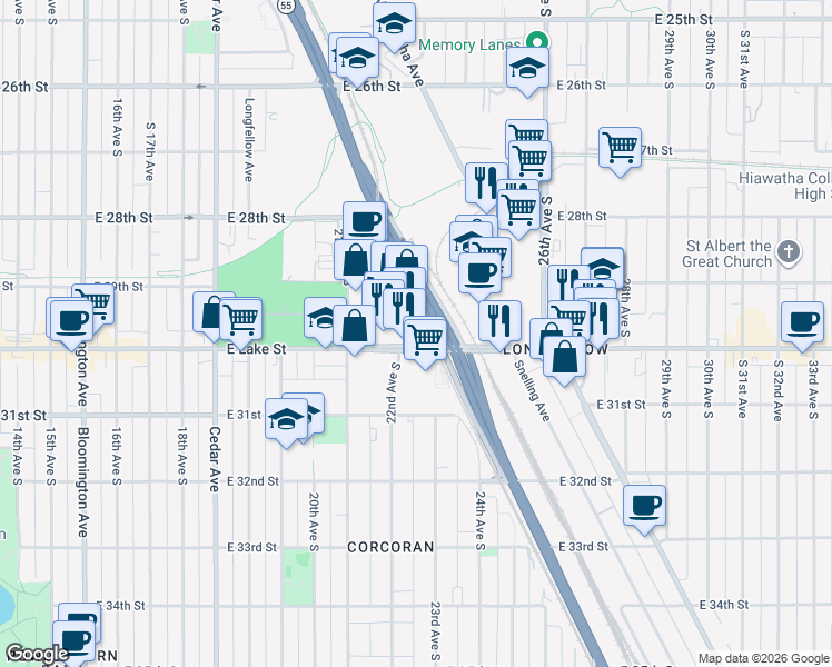 map of restaurants, bars, coffee shops, grocery stores, and more near 2220 East Lake Street in Minneapolis