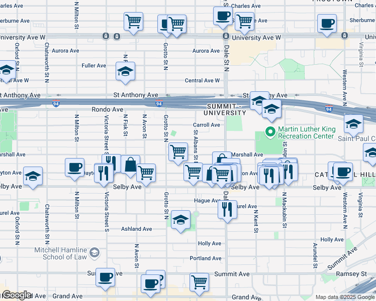map of restaurants, bars, coffee shops, grocery stores, and more near 256 Saint Albans Street North in Saint Paul