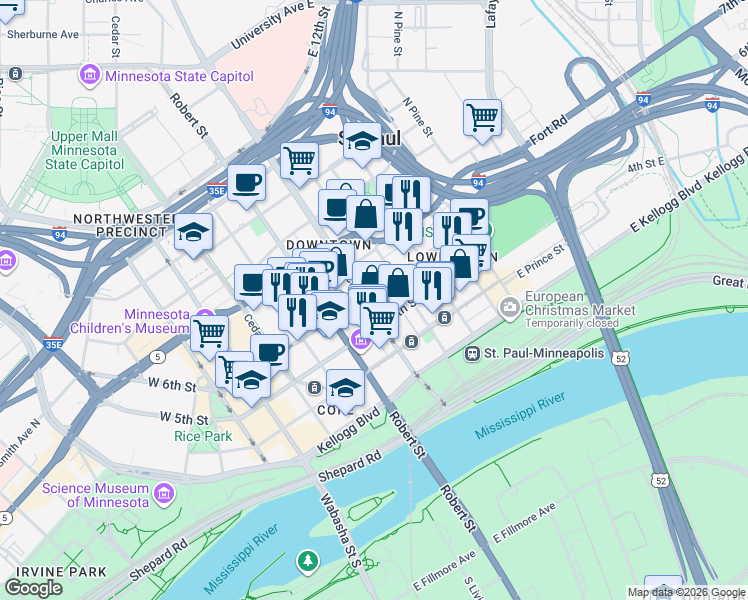 map of restaurants, bars, coffee shops, grocery stores, and more near 405 North Sibley Street in Saint Paul