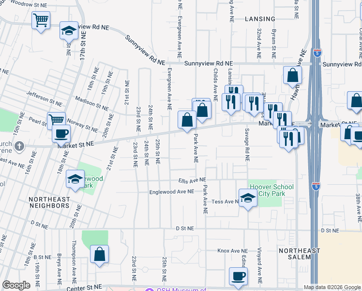 map of restaurants, bars, coffee shops, grocery stores, and more near 2725 Alberta Avenue Northeast in Salem