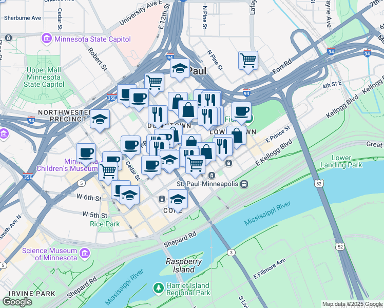 map of restaurants, bars, coffee shops, grocery stores, and more near in Saint Paul