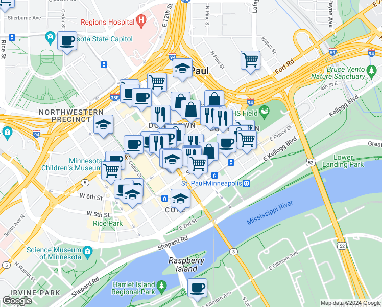 map of restaurants, bars, coffee shops, grocery stores, and more near in Saint Paul