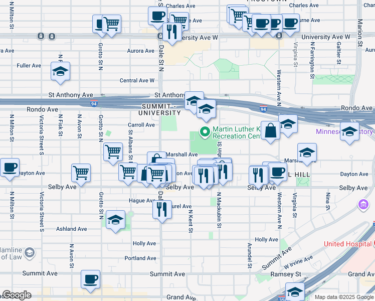 map of restaurants, bars, coffee shops, grocery stores, and more near 573 Marshall Avenue in Saint Paul