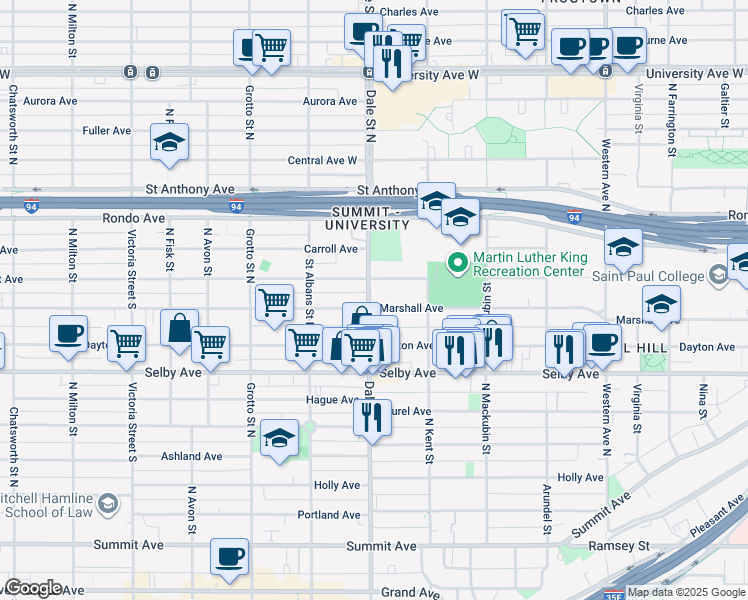 map of restaurants, bars, coffee shops, grocery stores, and more near 616 Iglehart Avenue in Saint Paul