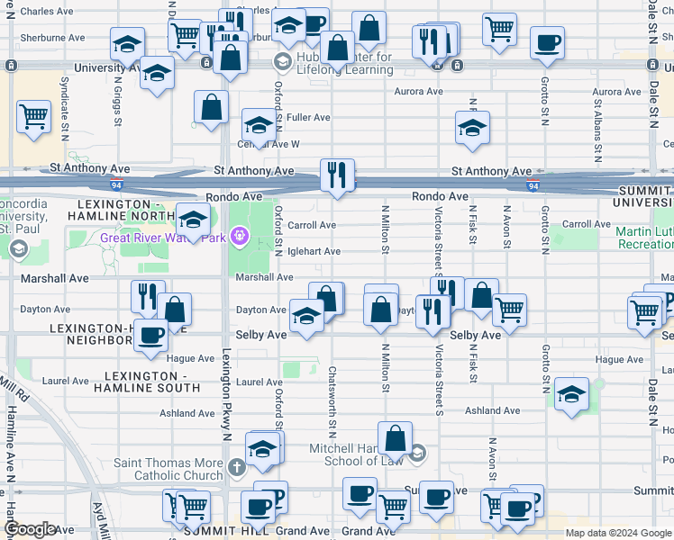 map of restaurants, bars, coffee shops, grocery stores, and more near in Saint Paul
