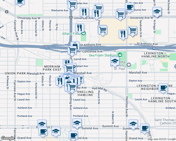 map of restaurants, bars, coffee shops, grocery stores, and more near 1492 Iglehart Avenue in Saint Paul