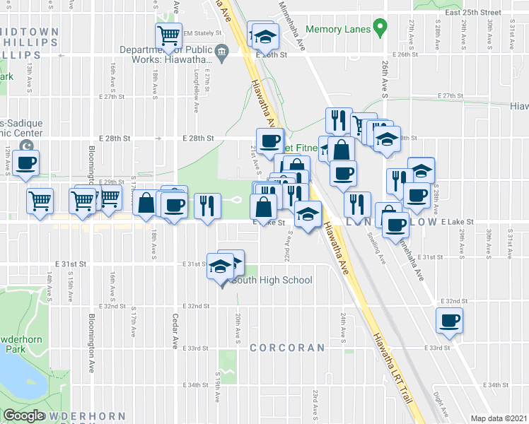 map of restaurants, bars, coffee shops, grocery stores, and more near 2921 21st Avenue South in Minneapolis