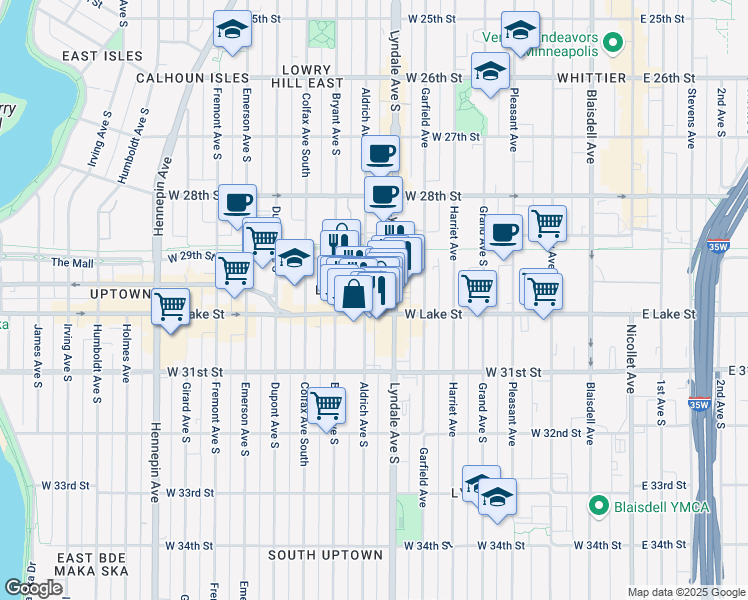 map of restaurants, bars, coffee shops, grocery stores, and more near 2928 Aldrich Avenue South in Minneapolis
