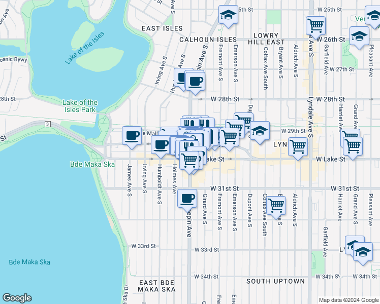 map of restaurants, bars, coffee shops, grocery stores, and more near 1430 Lagoon Avenue in Minneapolis