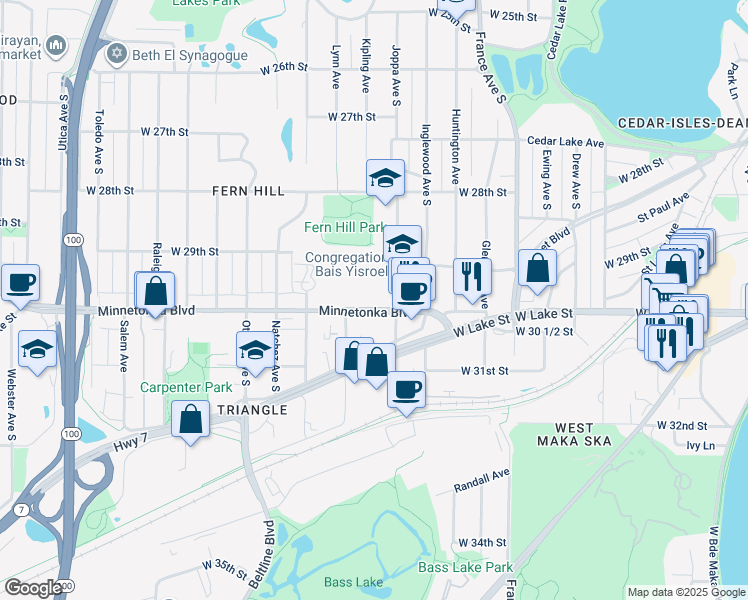 map of restaurants, bars, coffee shops, grocery stores, and more near 4320 Minnetonka Boulevard in St. Louis Park