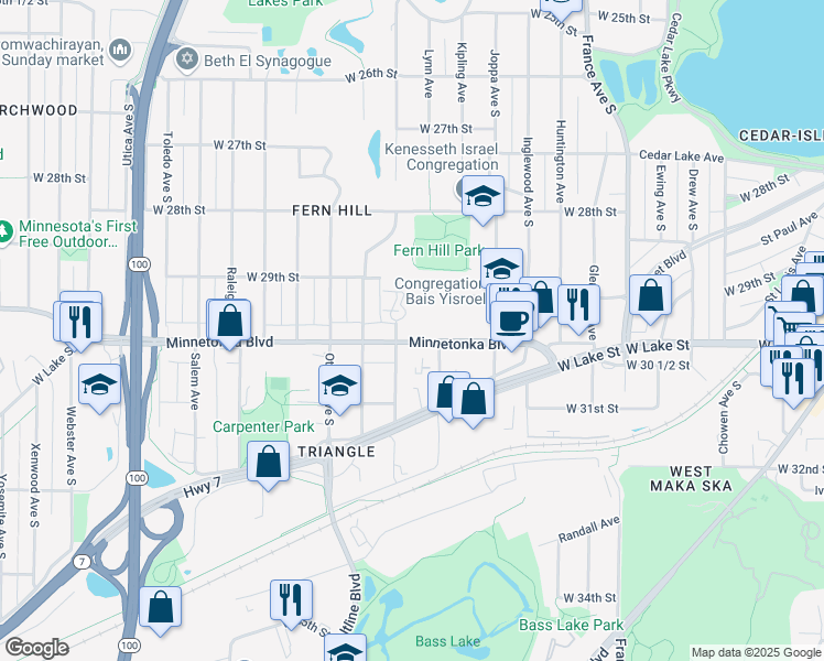 map of restaurants, bars, coffee shops, grocery stores, and more near 4550 Minnetonka Boulevard in Minneapolis