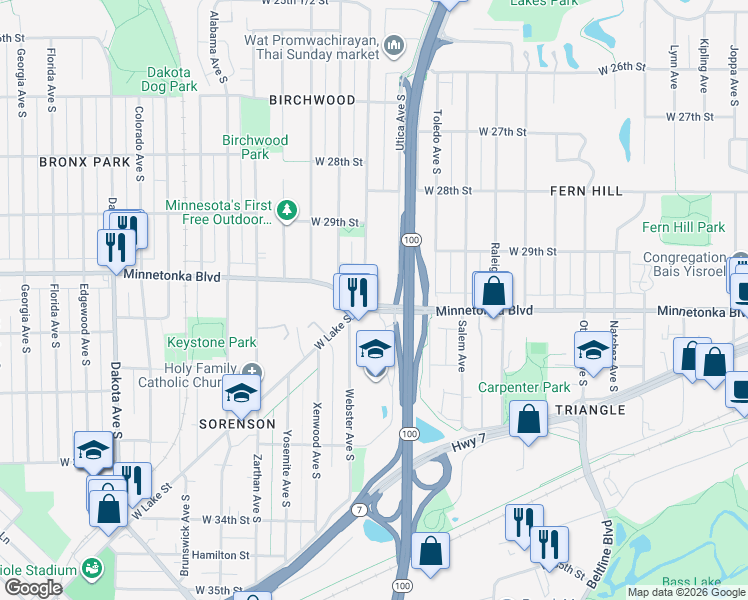 map of restaurants, bars, coffee shops, grocery stores, and more near 5430 Minnetonka Boulevard in Minneapolis