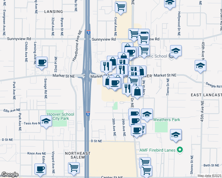 map of restaurants, bars, coffee shops, grocery stores, and more near 3700 Market Street Northeast in Salem