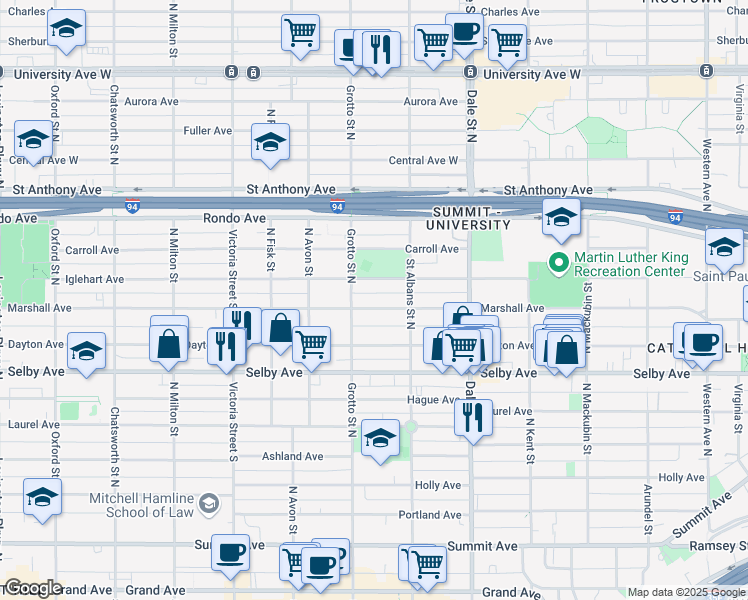 map of restaurants, bars, coffee shops, grocery stores, and more near 719 Marshall Avenue in Saint Paul
