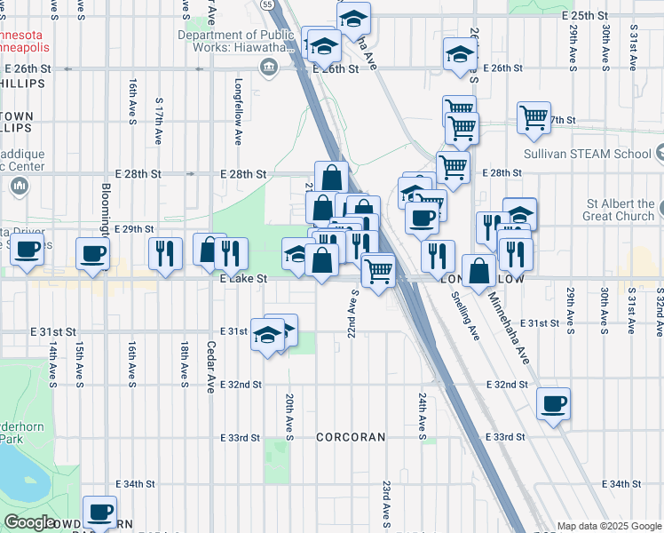 map of restaurants, bars, coffee shops, grocery stores, and more near 2921 21st Avenue South in Minneapolis