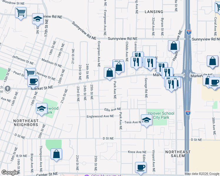 map of restaurants, bars, coffee shops, grocery stores, and more near 2725 Alberta Avenue Northeast in Salem