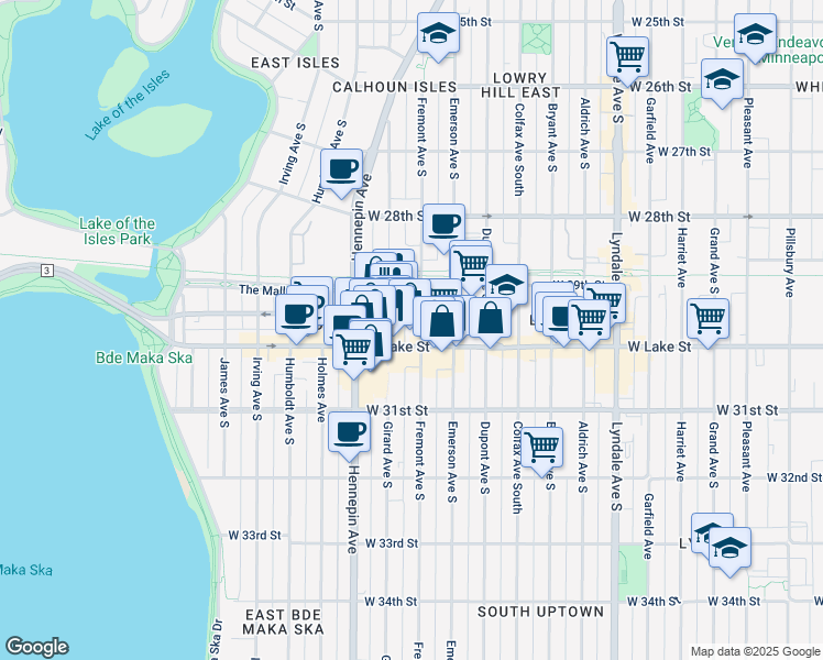 map of restaurants, bars, coffee shops, grocery stores, and more near 1300 West Lake Street in Minneapolis