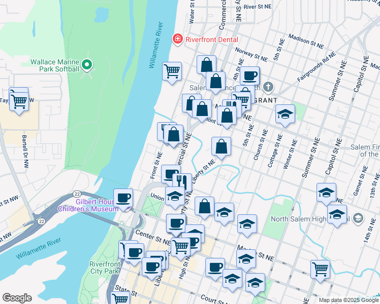 map of restaurants, bars, coffee shops, grocery stores, and more near 898 Commercial Street Northeast in Salem