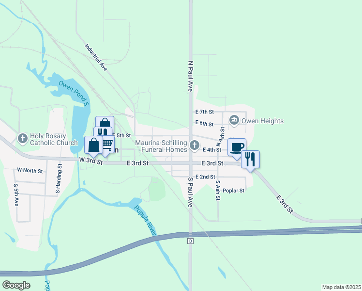 map of restaurants, bars, coffee shops, grocery stores, and more near 518 East 4th Street in Owen