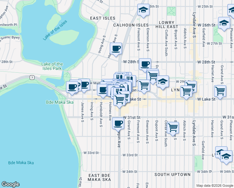 map of restaurants, bars, coffee shops, grocery stores, and more near 2906 Hennepin Avenue in Minneapolis