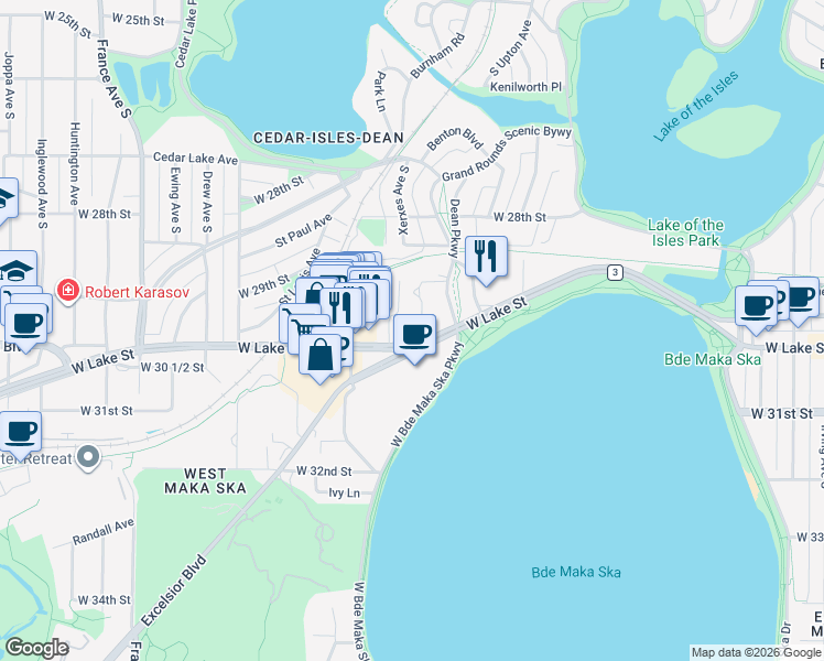 map of restaurants, bars, coffee shops, grocery stores, and more near 3100 West Lake Street in Minneapolis