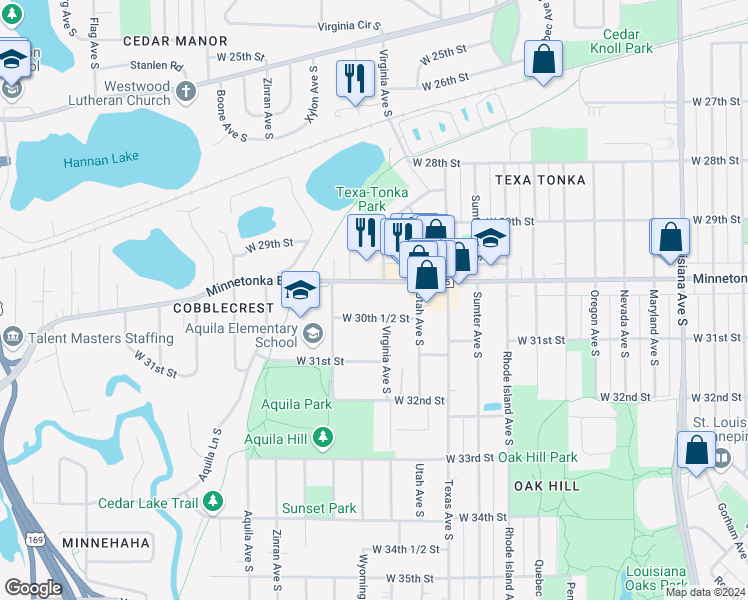 map of restaurants, bars, coffee shops, grocery stores, and more near 8224 West 30th 1/2 Street in Minneapolis