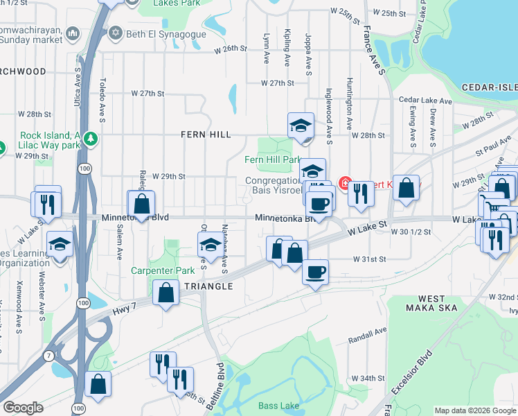 map of restaurants, bars, coffee shops, grocery stores, and more near 4550 Minnetonka Boulevard in Minneapolis