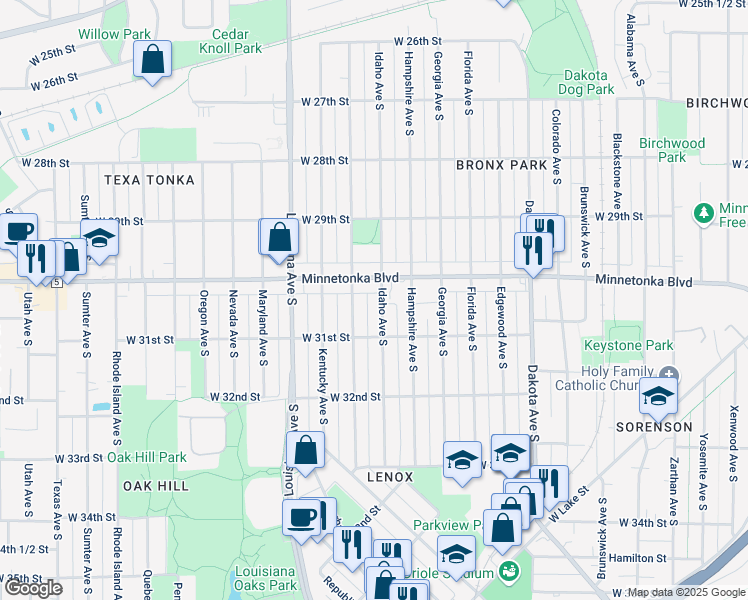 map of restaurants, bars, coffee shops, grocery stores, and more near 3016 Idaho Avenue South in Minneapolis
