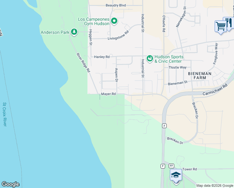 map of restaurants, bars, coffee shops, grocery stores, and more near Mayer Road in Hudson