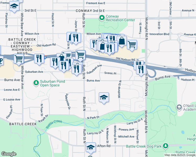 map of restaurants, bars, coffee shops, grocery stores, and more near 2079 Burns Avenue in Saint Paul