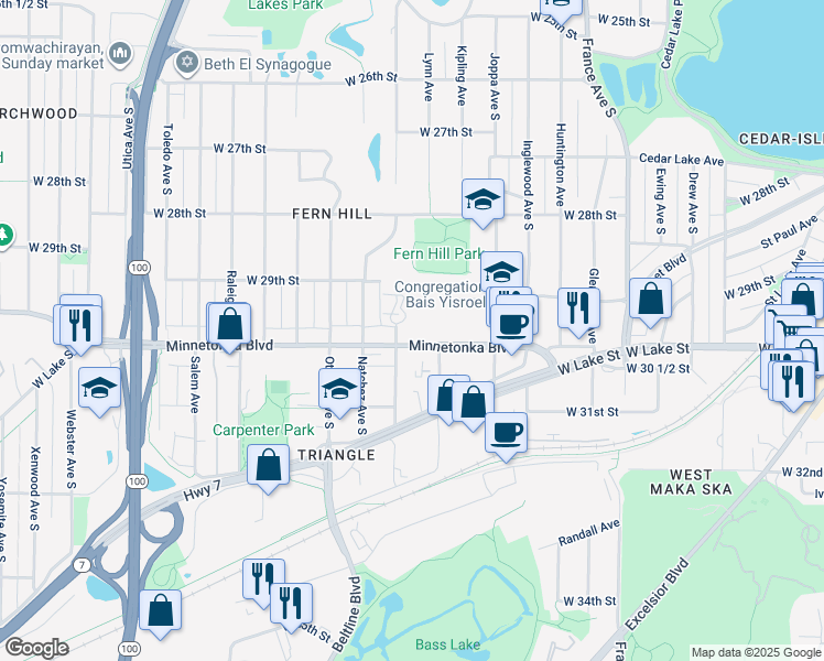 map of restaurants, bars, coffee shops, grocery stores, and more near 4550 Minnetonka Boulevard in Minneapolis