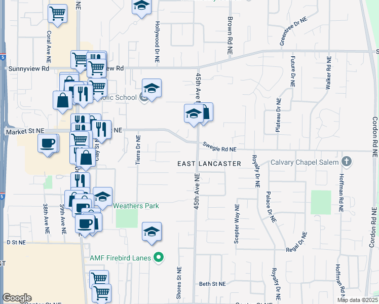 map of restaurants, bars, coffee shops, grocery stores, and more near 1549 45th Avenue Northeast in Salem