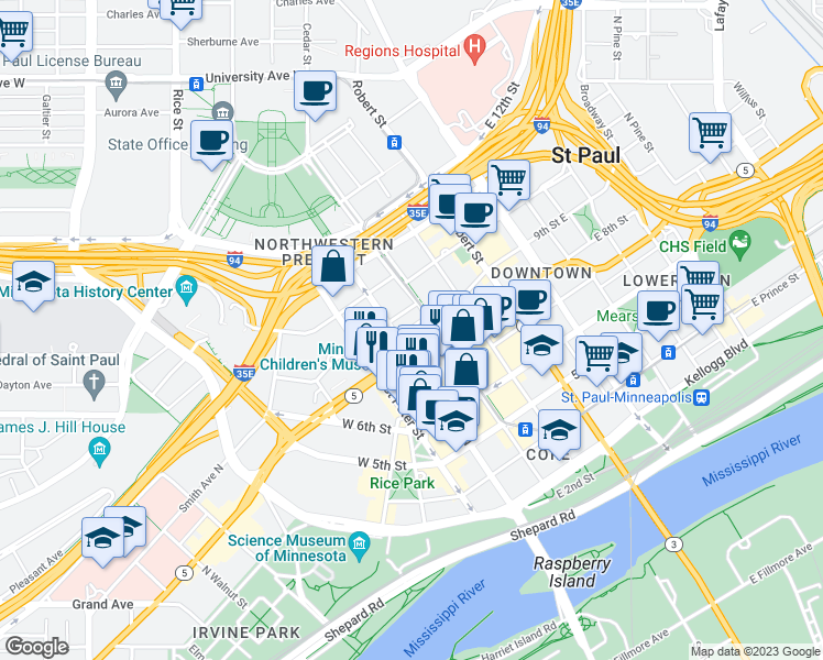 map of restaurants, bars, coffee shops, grocery stores, and more near 20 Exchange St E in St Paul