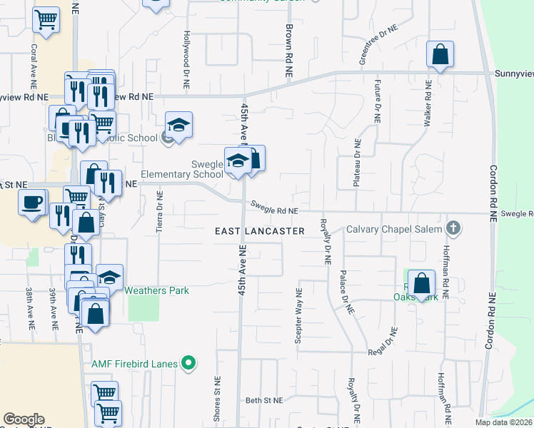 map of restaurants, bars, coffee shops, grocery stores, and more near 4573 Swegle Road Northeast in Salem