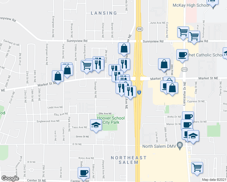 map of restaurants, bars, coffee shops, grocery stores, and more near 3297 Alberta Avenue Northeast in Salem