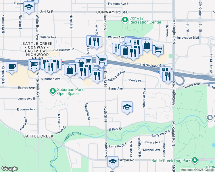 map of restaurants, bars, coffee shops, grocery stores, and more near 261 Ruth Street North in Saint Paul