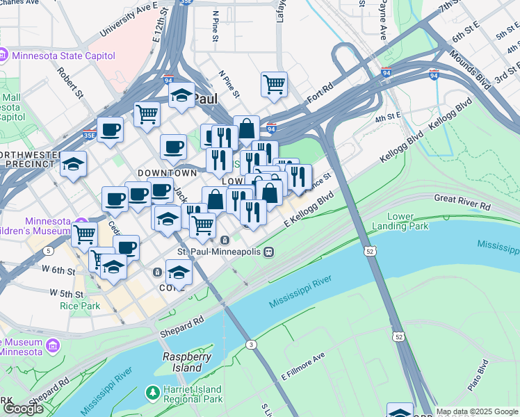 map of restaurants, bars, coffee shops, grocery stores, and more near 244 4th Street East in Saint Paul