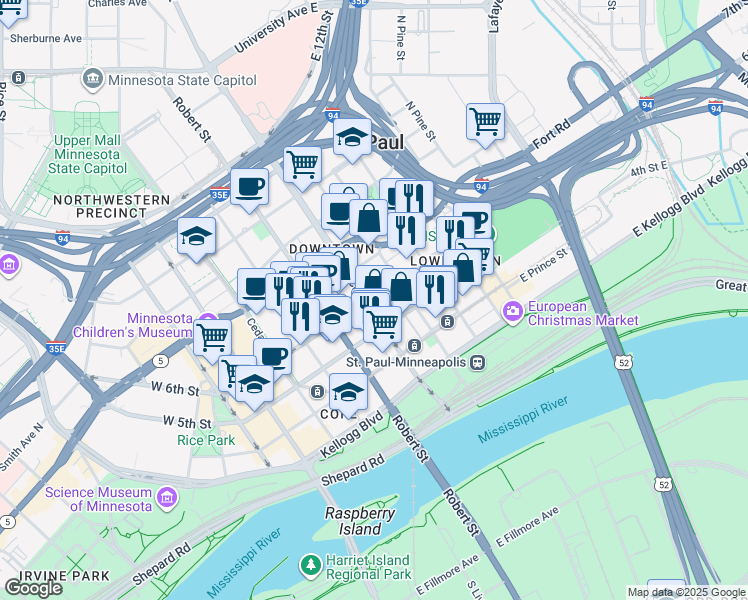 map of restaurants, bars, coffee shops, grocery stores, and more near 405 North Sibley Street in Saint Paul