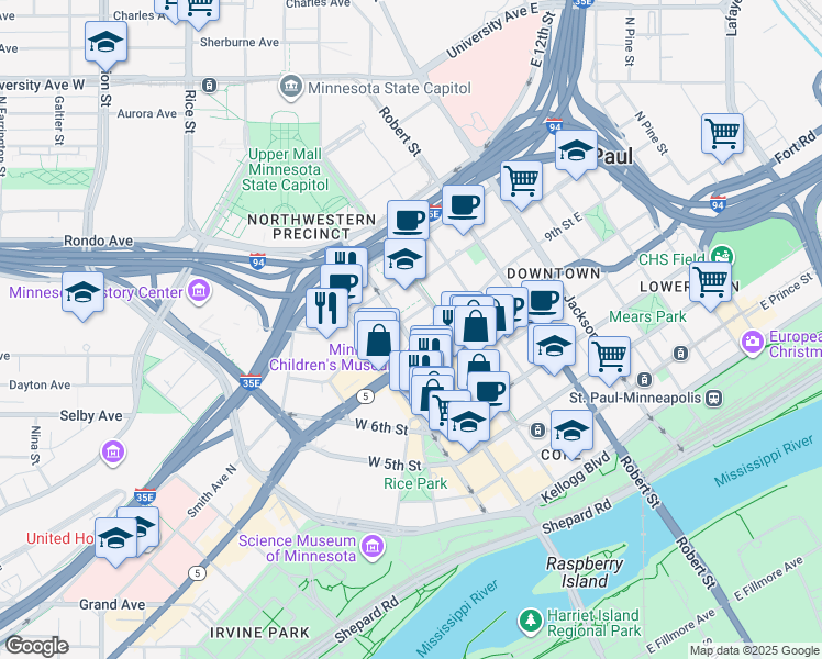 map of restaurants, bars, coffee shops, grocery stores, and more near 10 East Exchange Street in Saint Paul