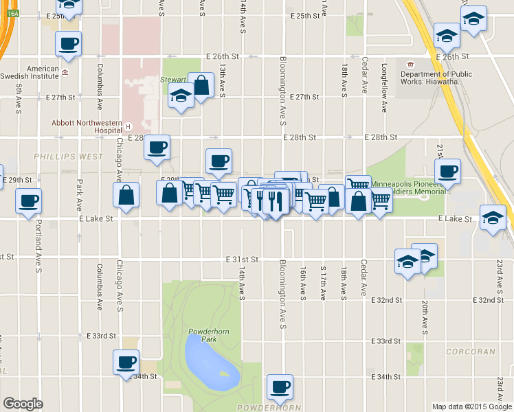 map of restaurants, bars, coffee shops, grocery stores, and more near 2933 South 15th Avenue in Minneapolis