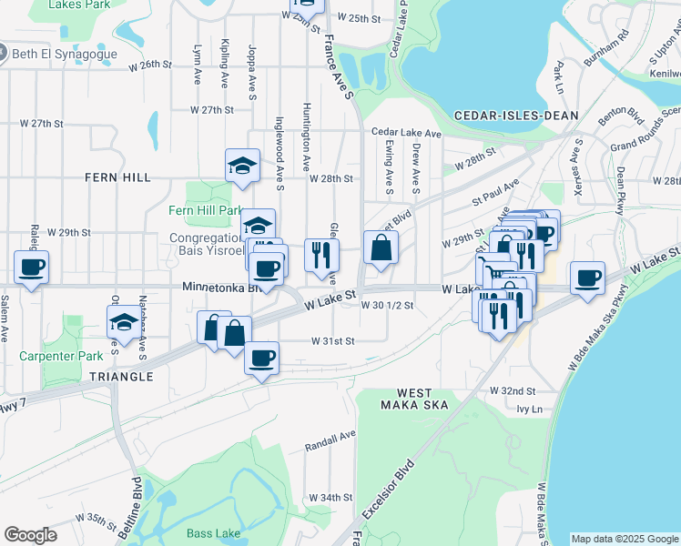map of restaurants, bars, coffee shops, grocery stores, and more near 2915 Glenhurst Avenue in Minneapolis