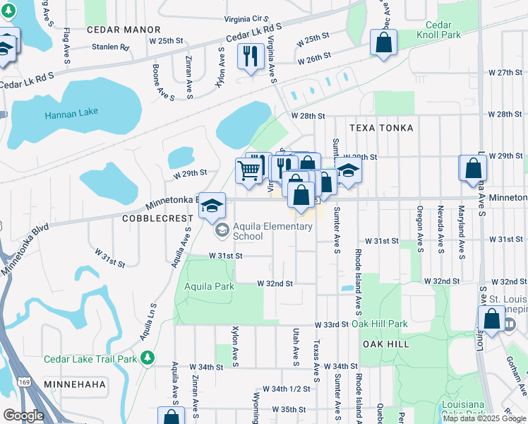 map of restaurants, bars, coffee shops, grocery stores, and more near 8224 West 30th 1/2 Street in Minneapolis